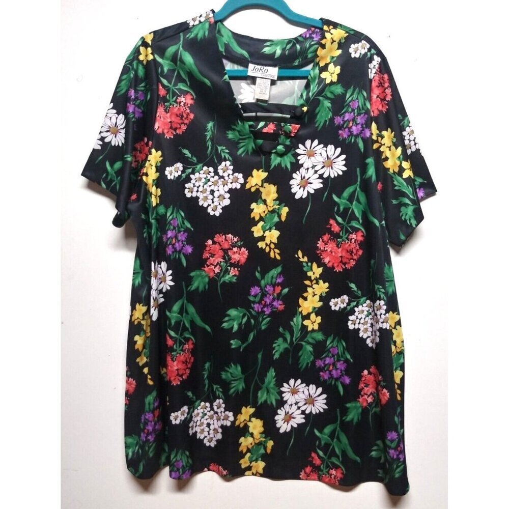 VTG Hawaiian blouse top 1X Black Floral Multicolor JoRo Fashions stretch SS EUC